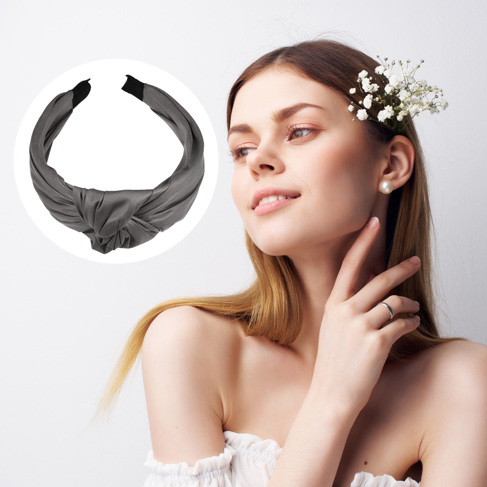 1Pcs Faux Leather Knotted Headband Cross Knot Hairband for Women Gray 1.57″ Wide