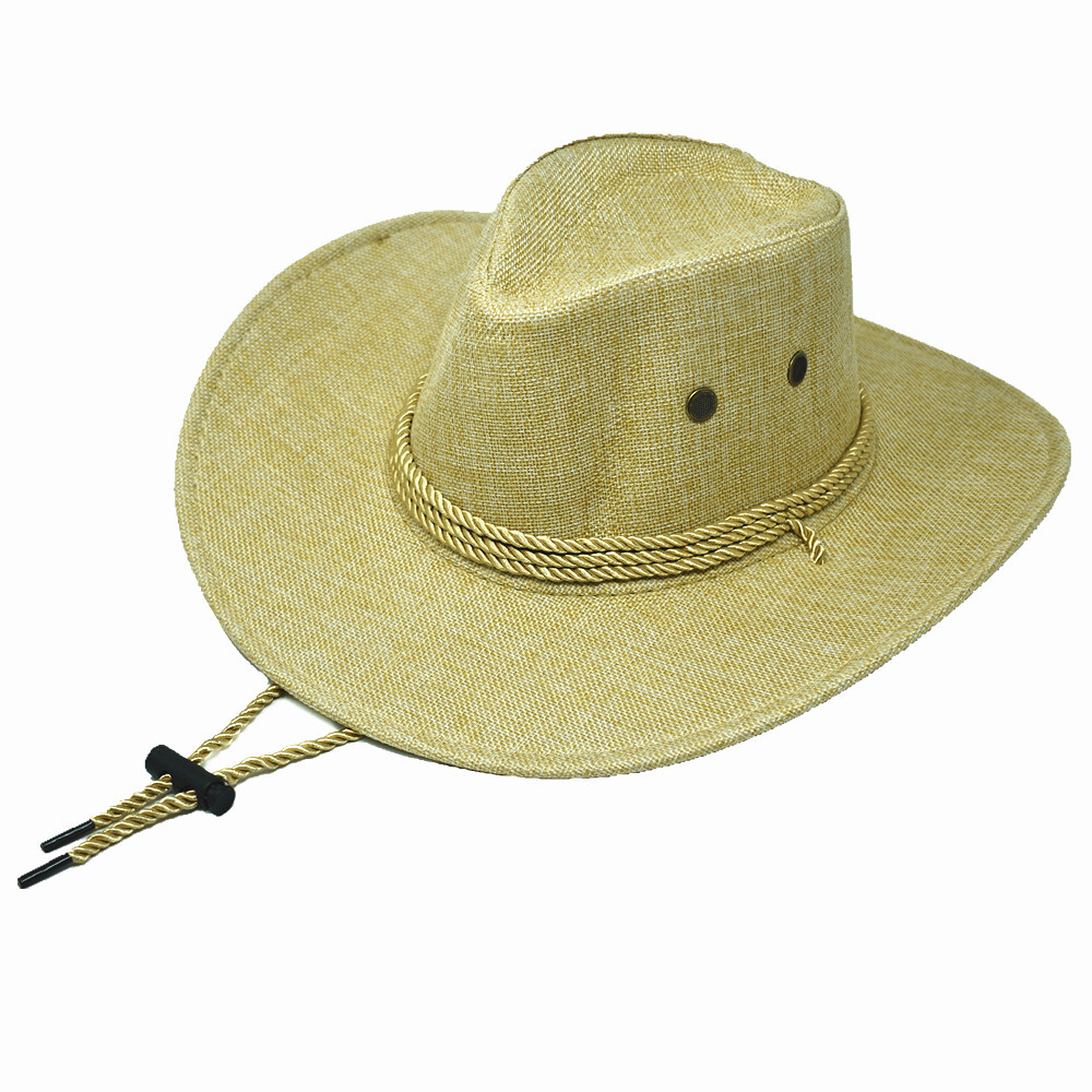 Summer Sun Bucket Cap Western Cowboy Hat Fedora Linen Solid Straw Wide Brim