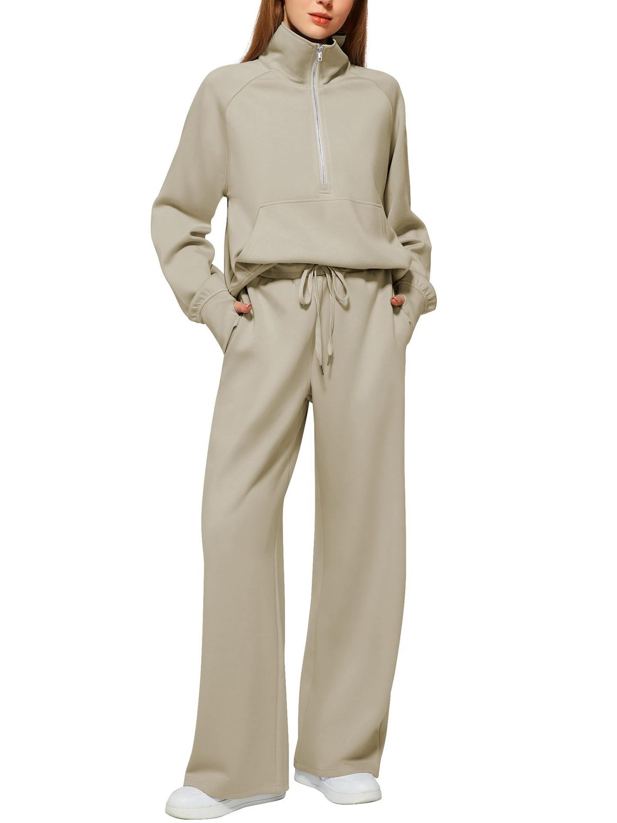 Woman Solid Color Half Zip Long Sleeve Sweatshirt And Wide Leg Pants Set Casual