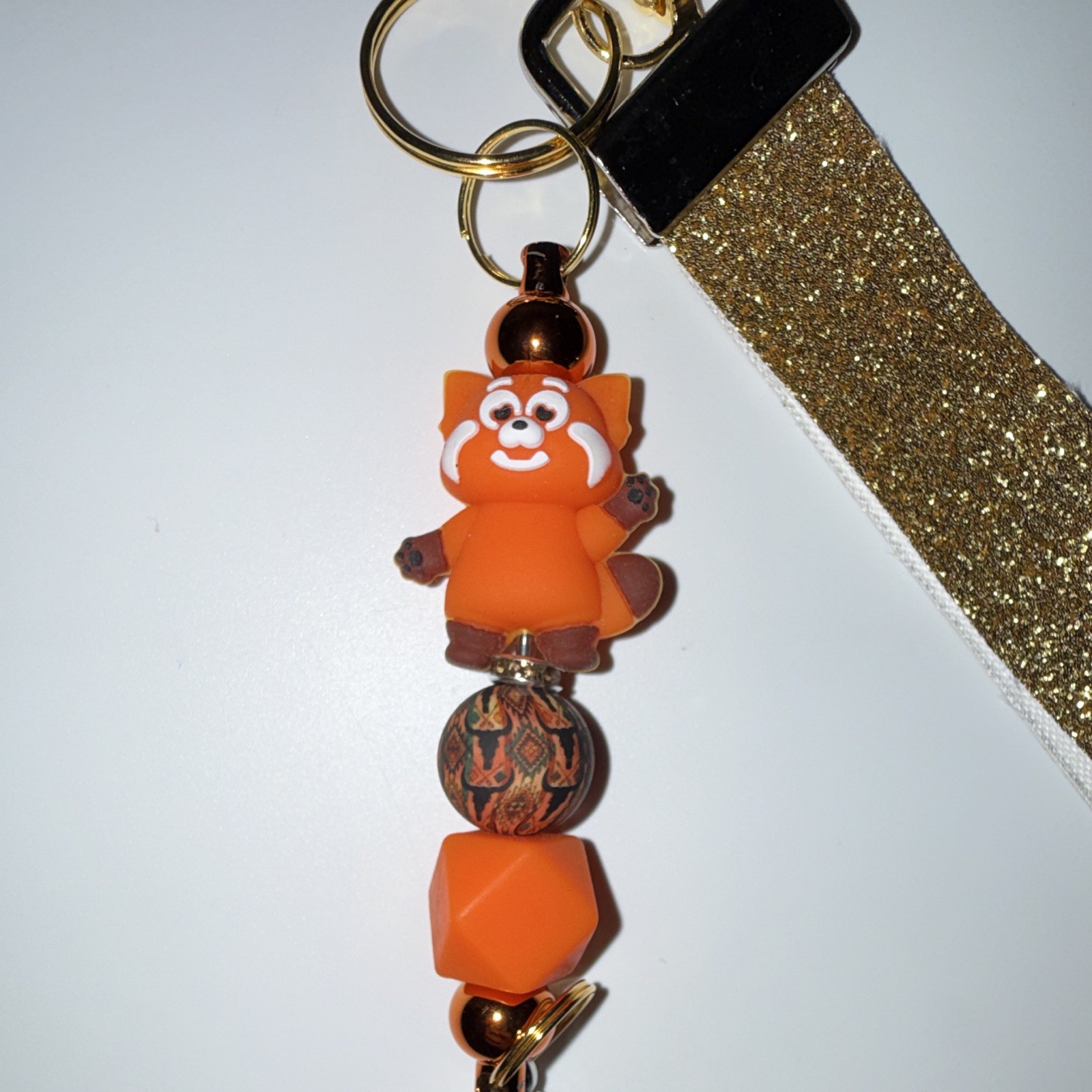 Gold Glitter Strap Red Panda Beaded Tassel Key Chain/Bag Charm w/Keyring
