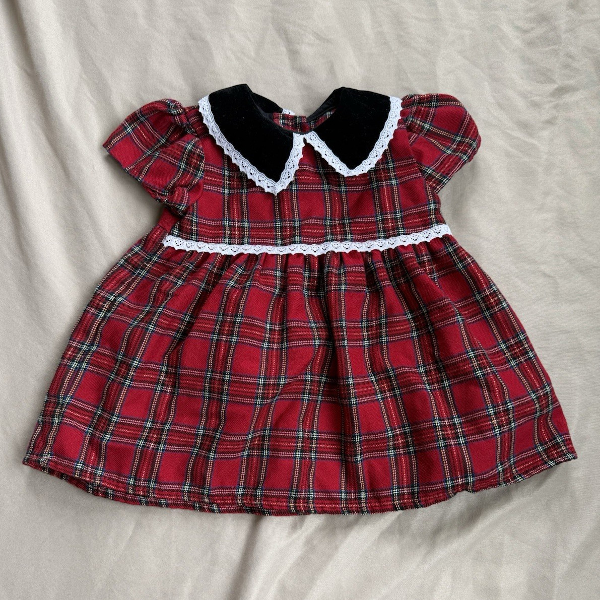 Youngland Toddler Red Plaid A-Line Dress Peter Pan Collar Lace Puff Sleeves