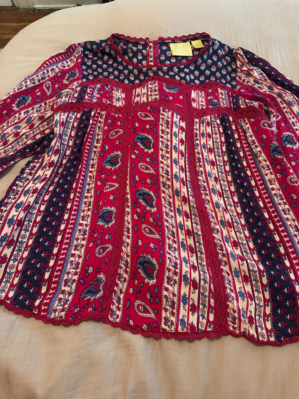 Maeve Anthropologie Floral Paisley Lace Boho Button Back Peasant Top Cottagecore