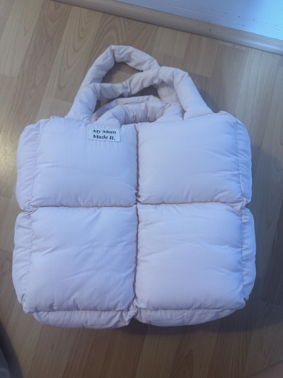 My Mum Made It Pink Quilted Puffer Tote Top Handle Bag Zip Pockets Lined