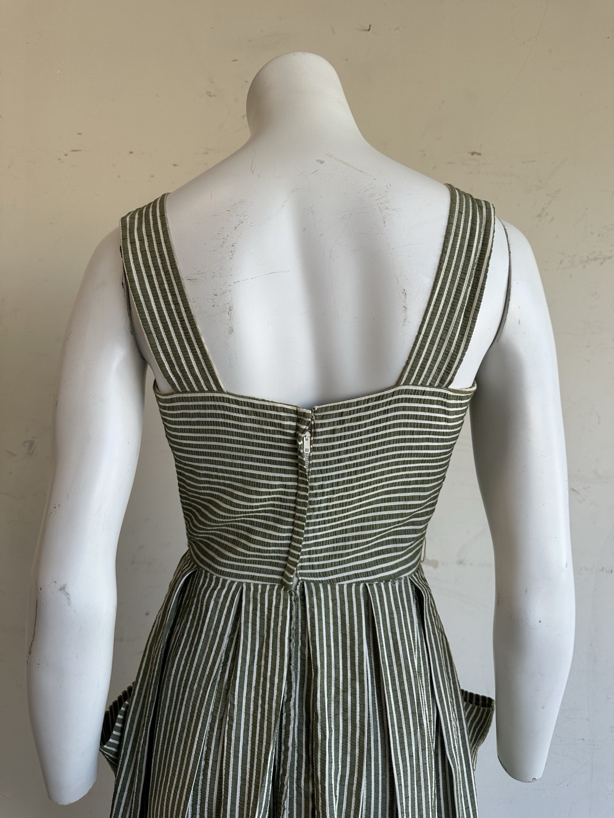 Vintage 50s 60s Olive Striped Summer Day Dress 25” Waist 1950s