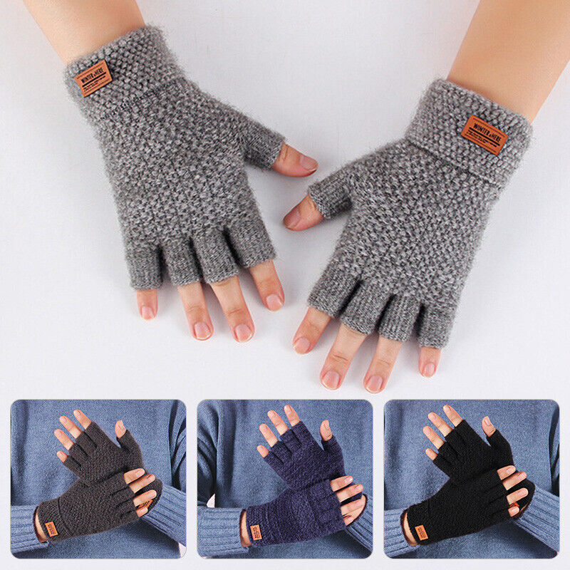 Winter Alpaca Wool Fingerless Gloves Thermal Men Knitted Half Finger Mitten