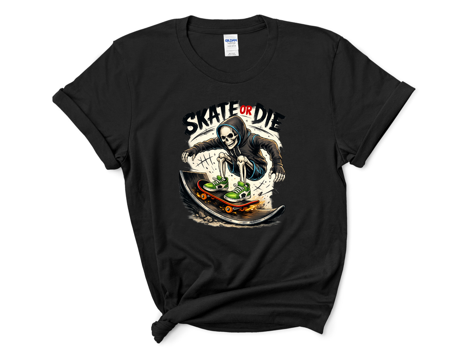 Skate Or Die Skeleton Skateboard T-Shirt Skater Graphic Tee Punk Streetwear