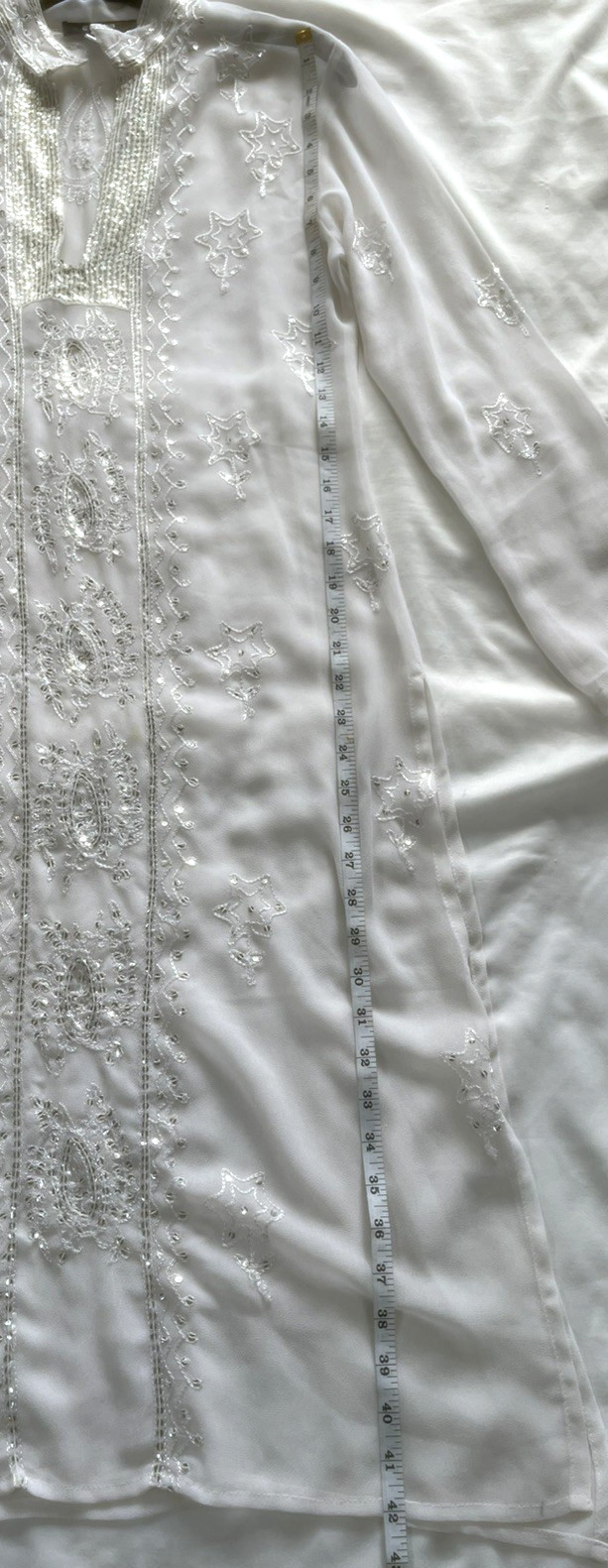 Tokyo Denim Beaded Embroidered Sheer White Floral Silver Sequin Dress M Size