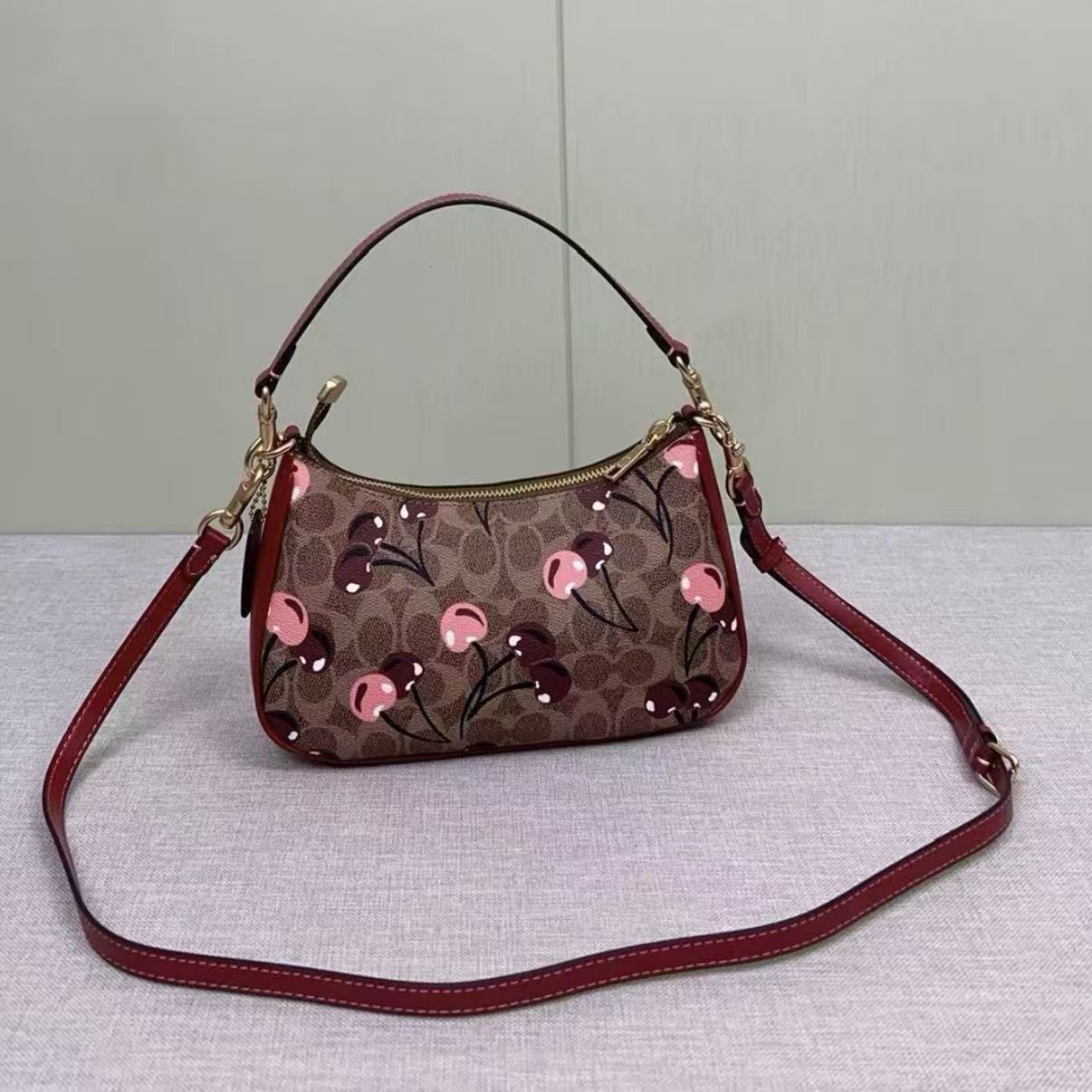 COACH CY694 Teri Shoulder Bag Signature Canvas Cherry Print Tan Brown NWT