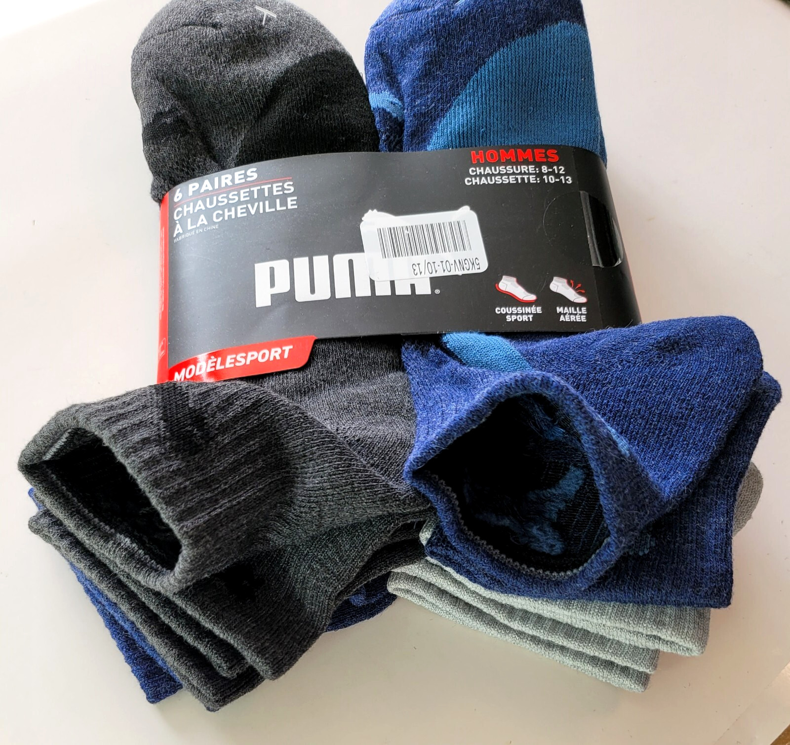 Puma Men’s Quarter Crew Socks 6 Pack L Blue Black Gray Half Terry Sport Cushion