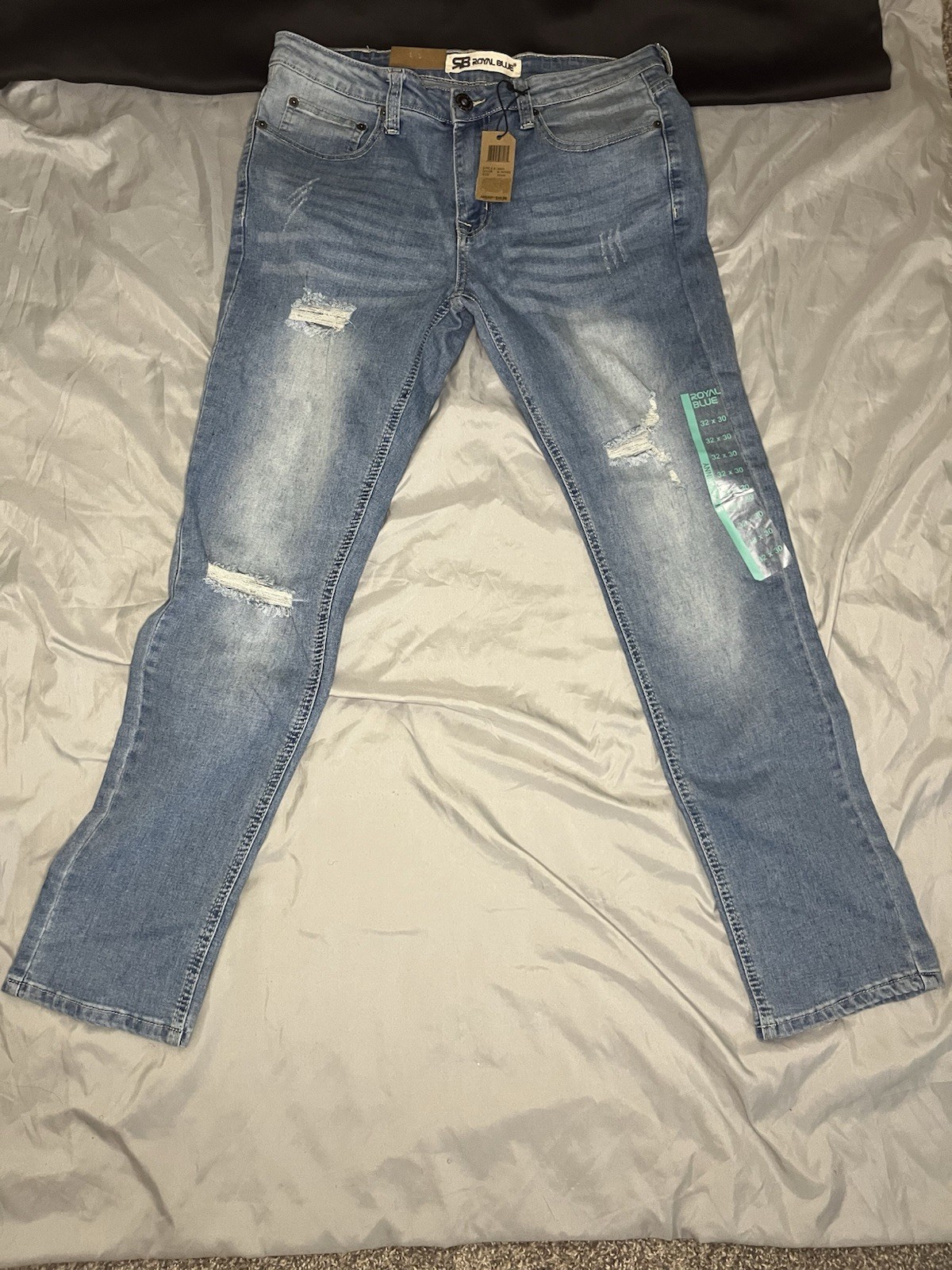Royal Blue Men’s 31/30 Blue Slim Light Wash Distressed Stretch Denim Jeans