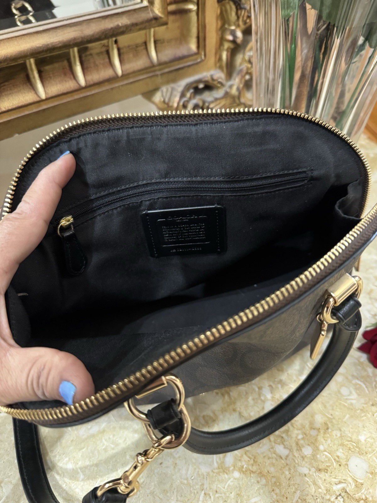 Coach Signature Dome Satchel Black/Gray Gold Hardware Zip w/ Detachable Strap