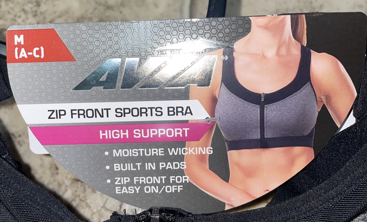 NWT Womens Avia Black & Grey Heather Zip Front Seamless Sports Bra Size Medium