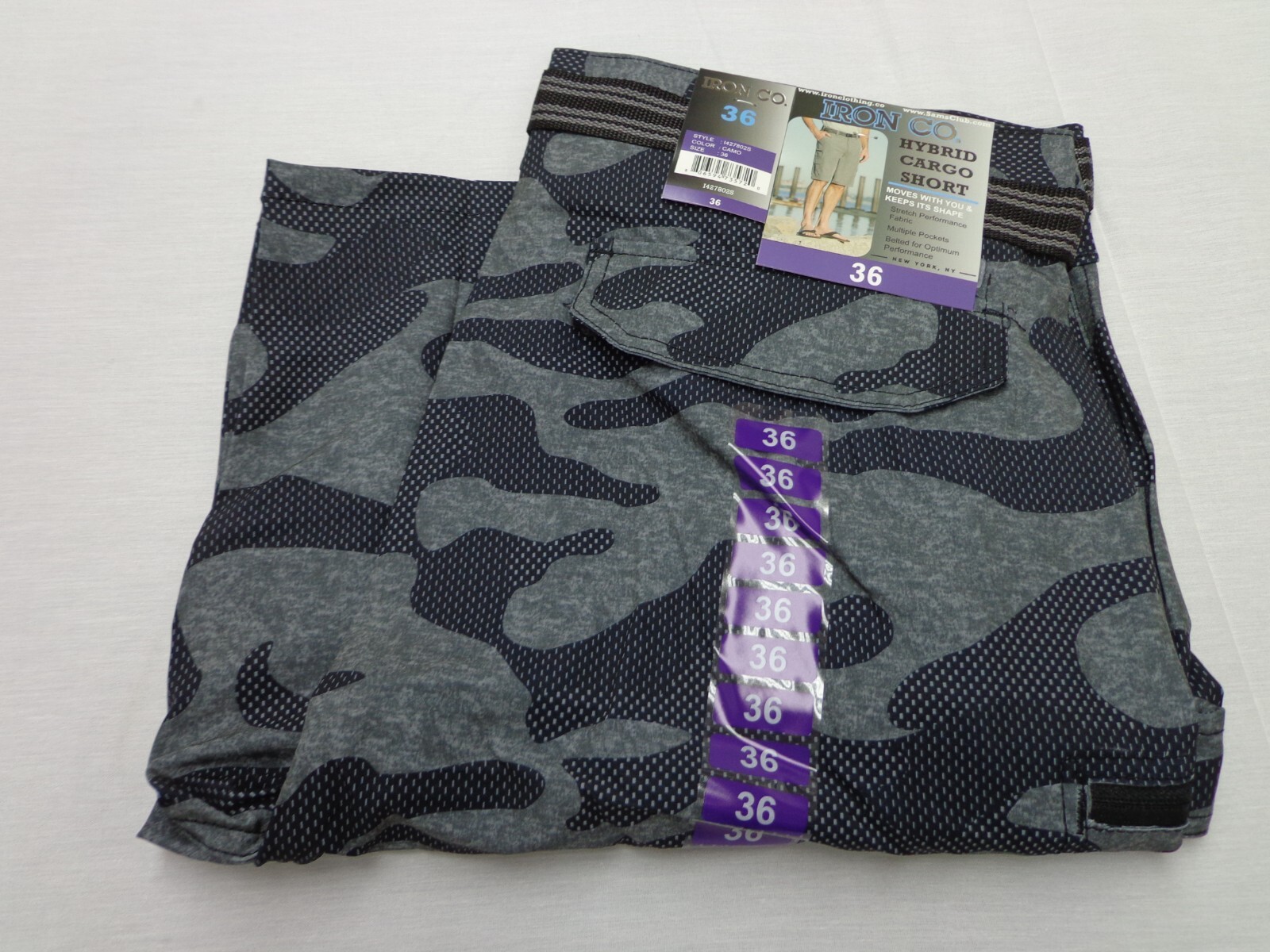 Iron Co Belted Stretch Performance Hybrid Cargo Shorts Gray Camo Size 36