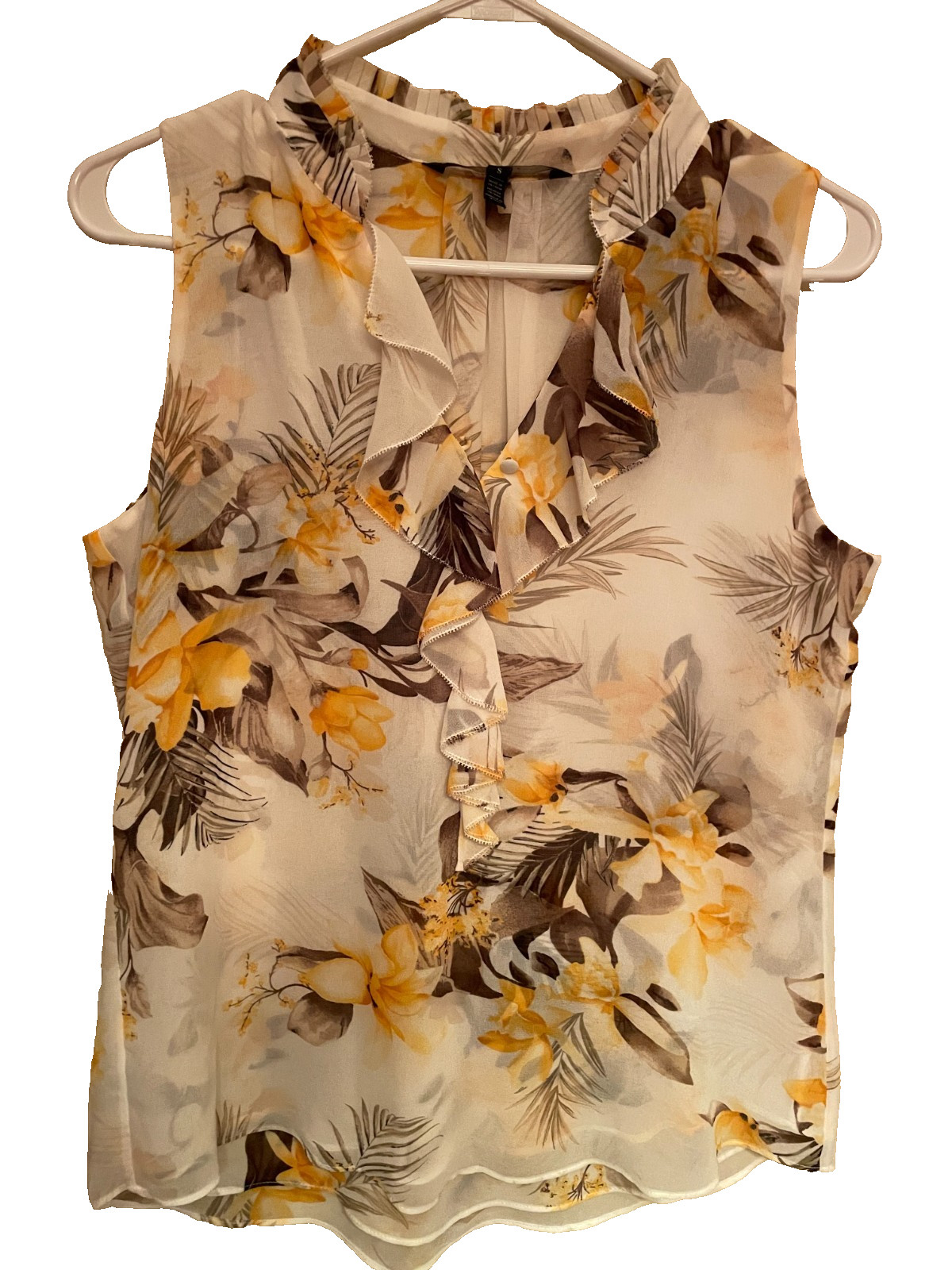 WHBM Off-White, Yellow/Gld & Brn Sleeveless Sheer Lined Top V-Neck Top Sz S EUC