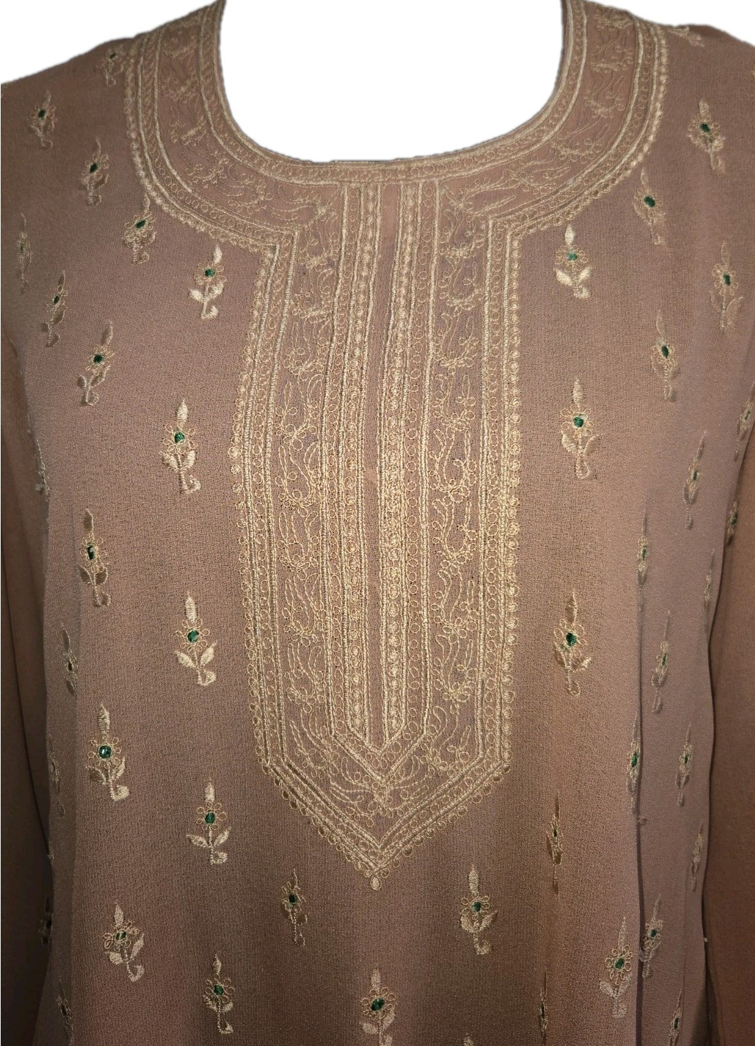 Peach Kurta Semi Sheer Size 38 Gota/Zari Embroidery • Emerald Detail • NWOT