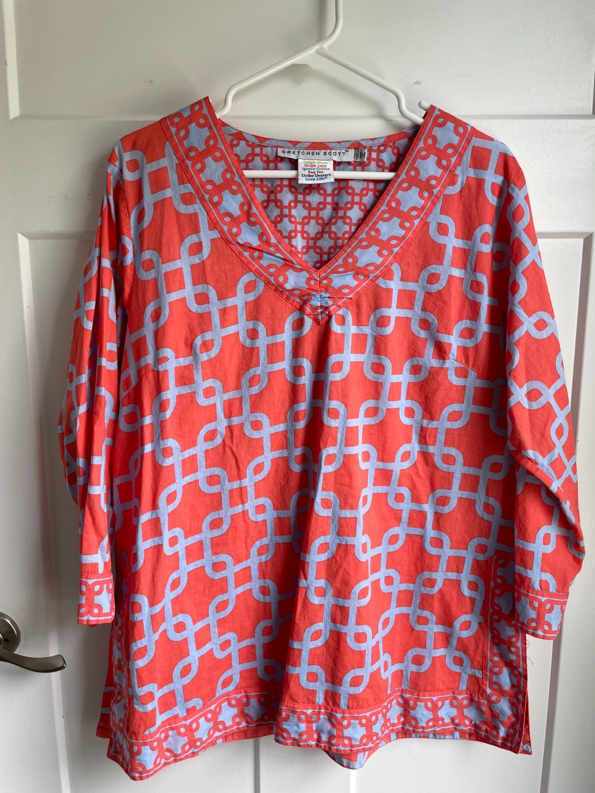 Gretchen Scott Tunic Top Unchained Coral Blue Geometric Size Goddess Large XL