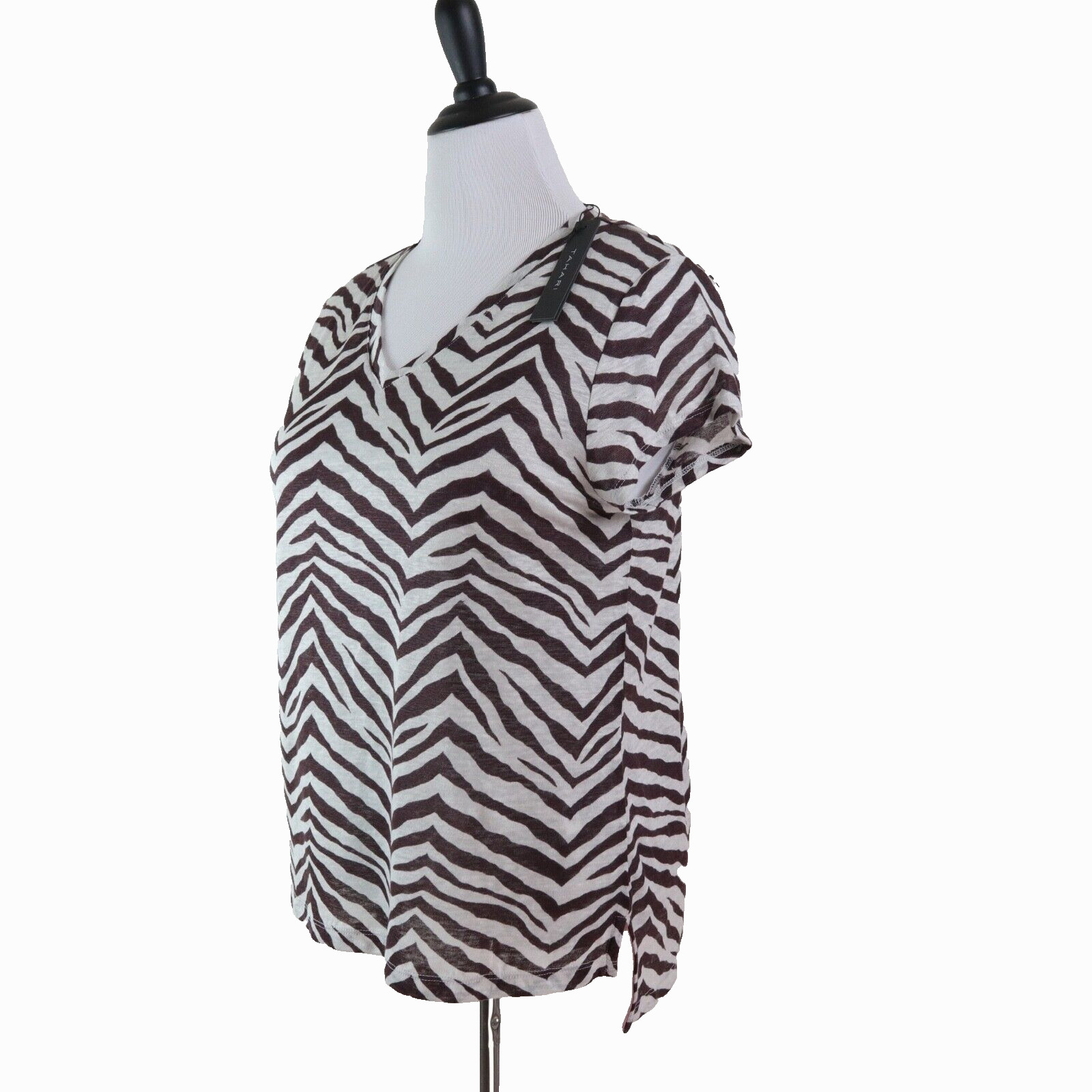 NWT Tahari Size L Linen Shirt V Neck Brown White Zebra Print
