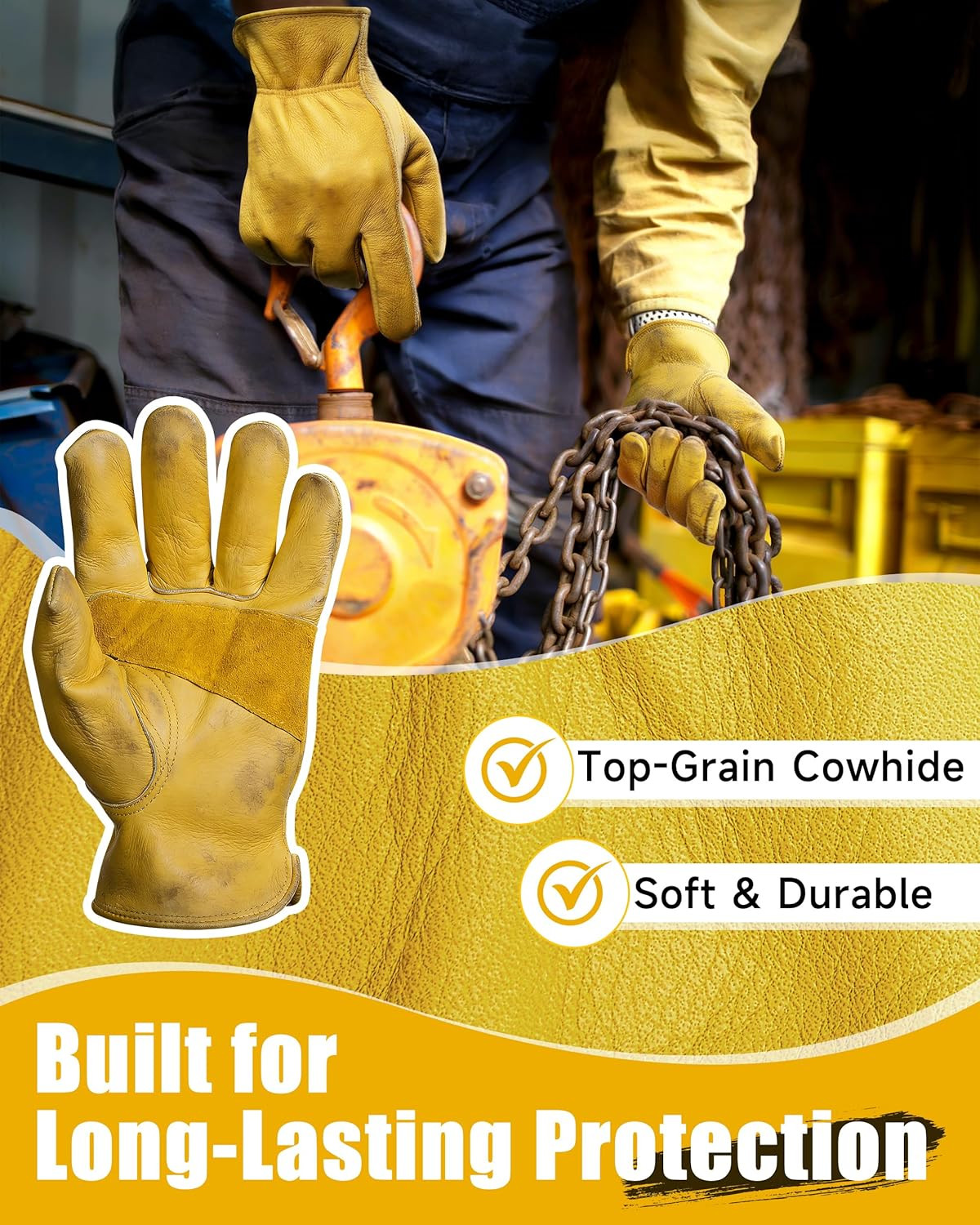 DULFINE Cowhide Leather Work Gloves for Men & Women, Reinforced Durable Gardenin