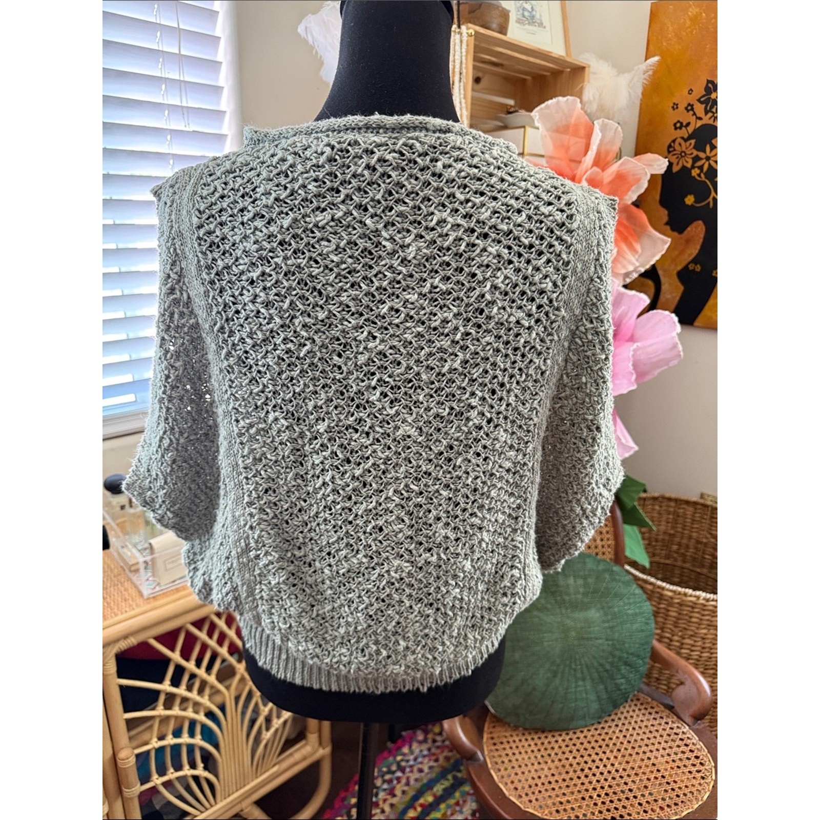 Vintage 80s/90s Liz Sport Gray Green Open Sleeve Knit Boho Rollneck Sweater