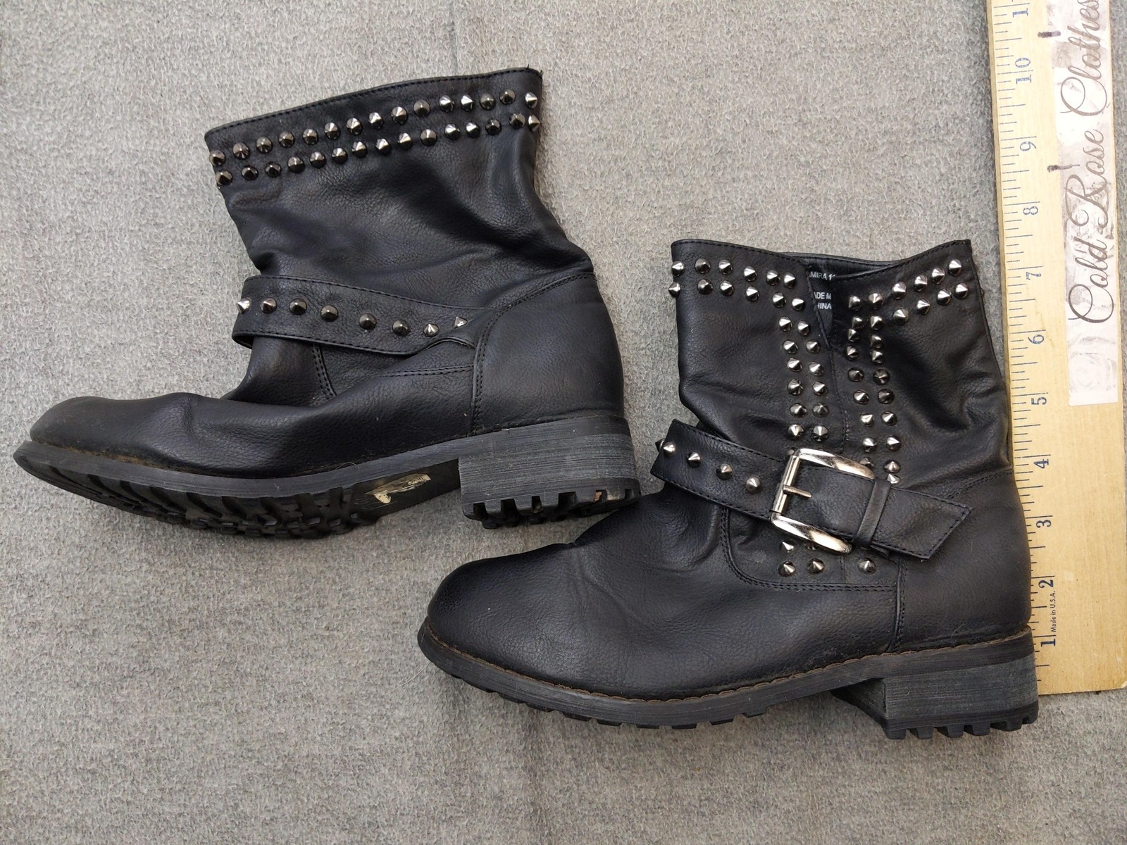 Twisted Amira Boots Womens Size 7 Black Studded Biker Mid Calf Buckle