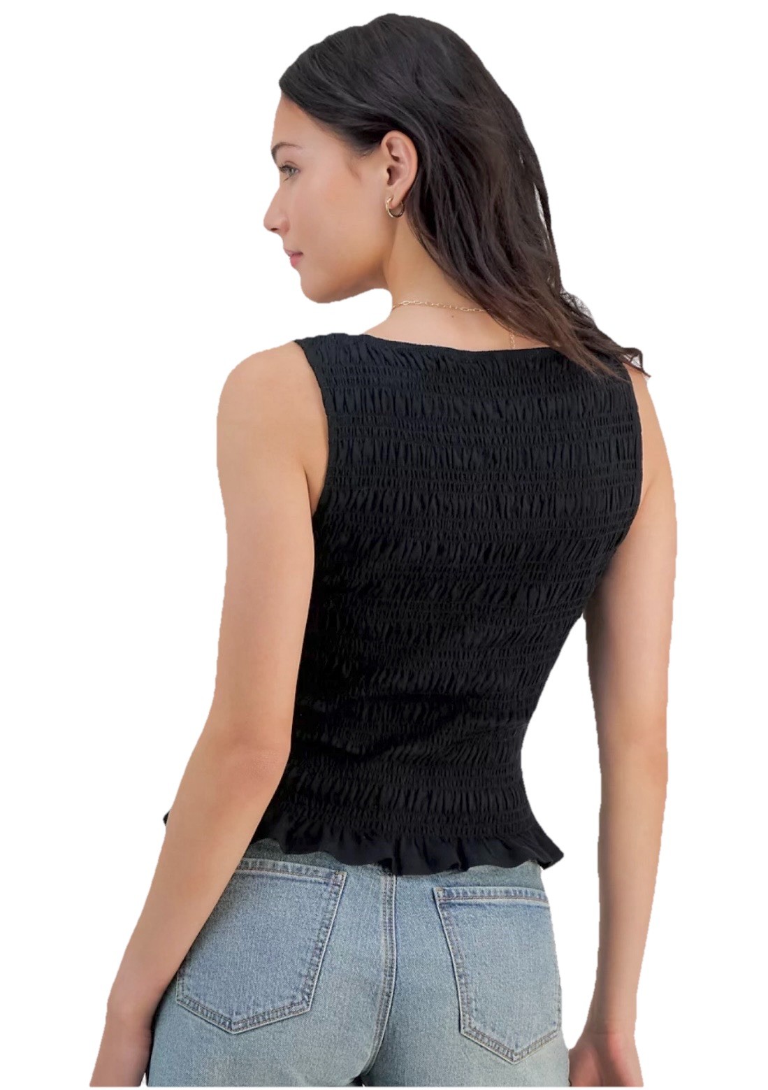 AND NOW THIS Black Smocked Textured Sleeveless Peplum Top Size Large NEW