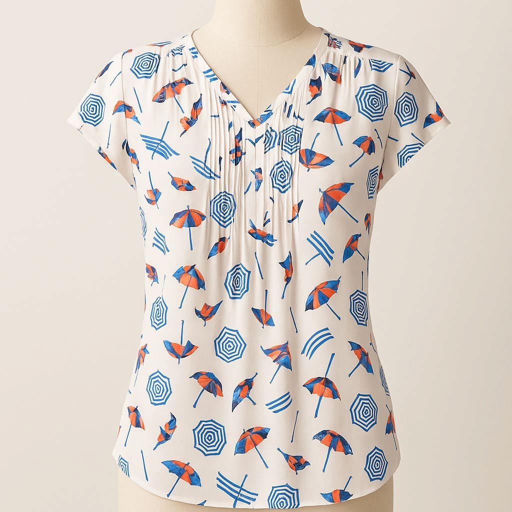 Talbots Petite PS Umbrella Print Blouse Cap Sleeve Nautical Beach Top Small