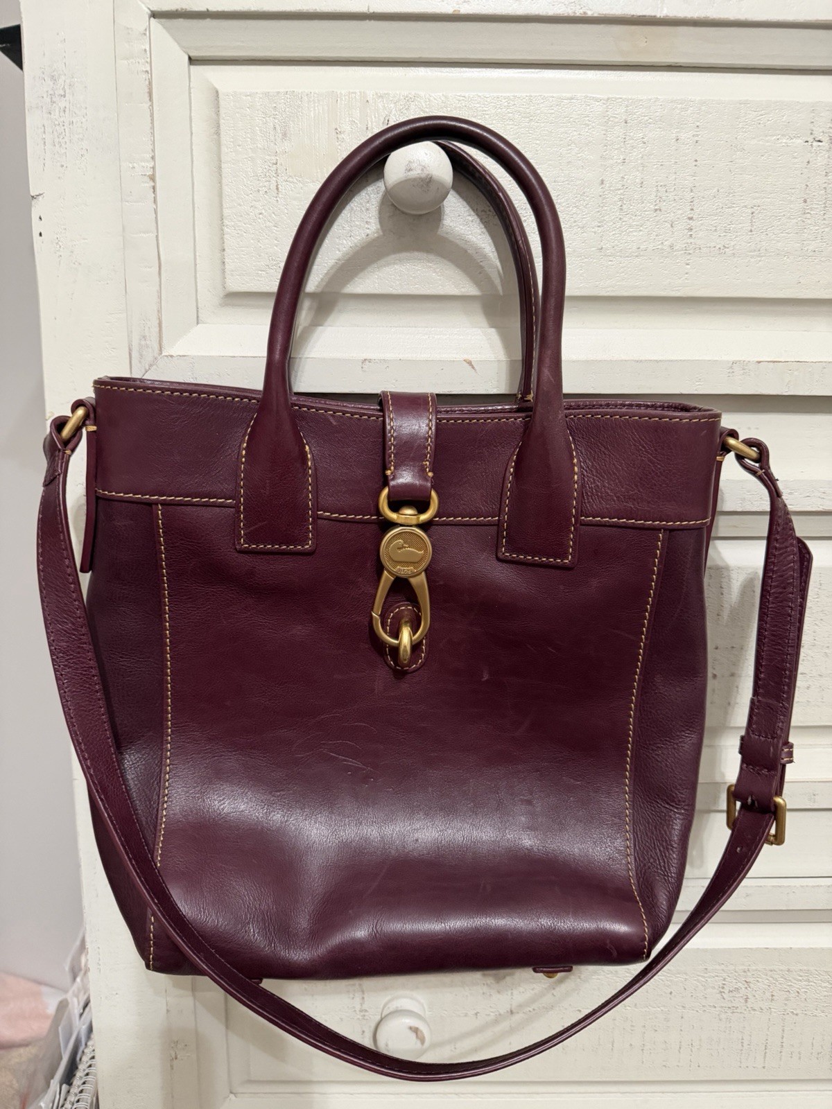 Dooney & Bourke Burgundy Satchel Double Handle Gold Hardware Detachable Strap