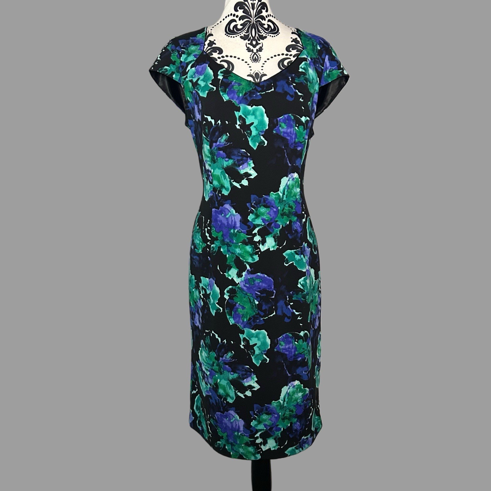 Jacques Vert Straight Dress Size 14 Blue Green Floral Wedding Guest Race Days