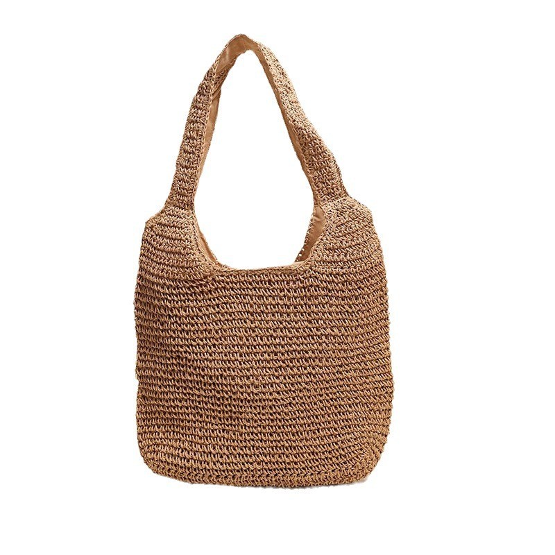 Women Simple Solid Color Large Capacity Straw Shoulder Tote Bag For Vacation