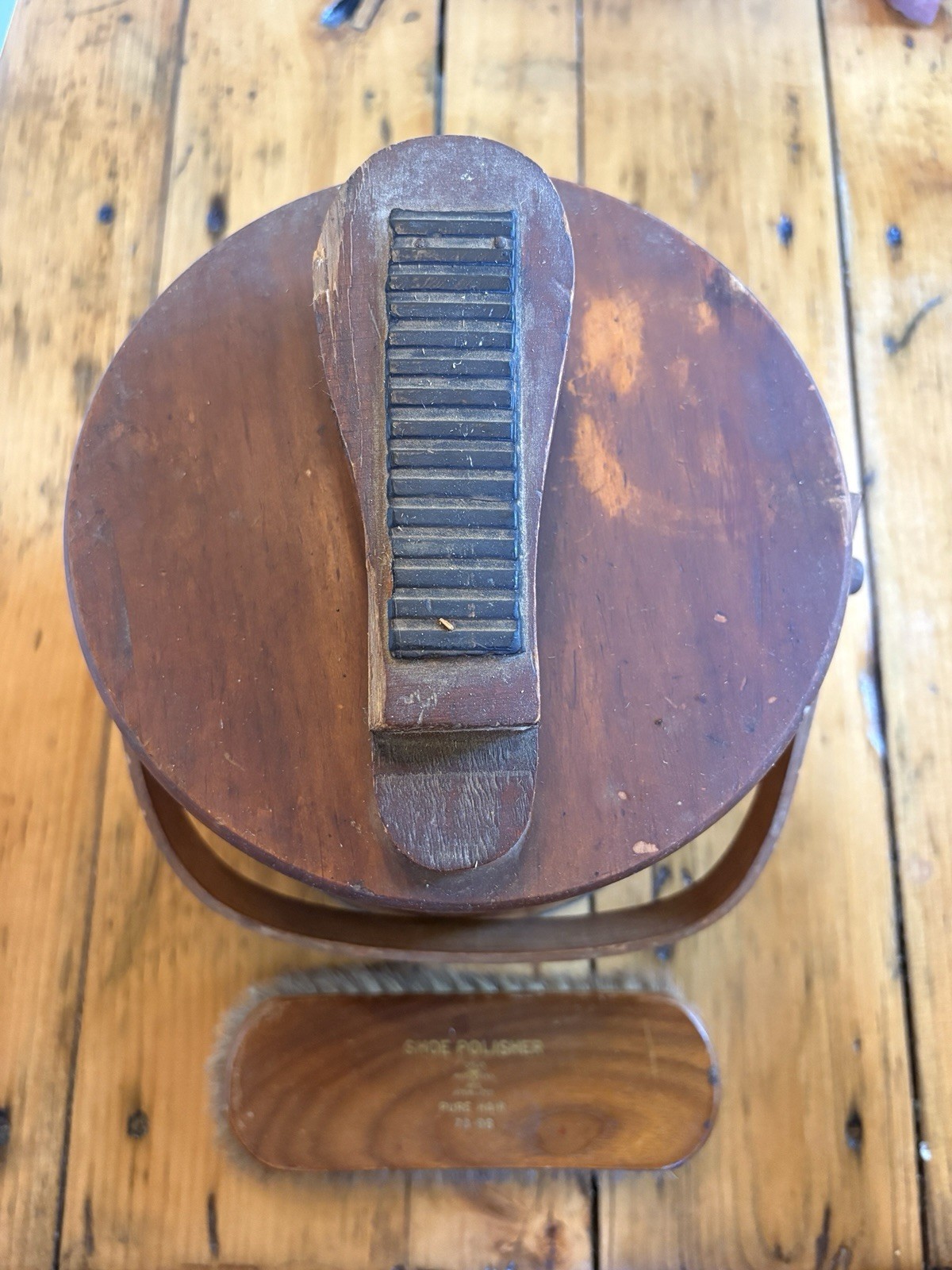 Vintage Wooden Shoe Shine Kit w/ Branded Boot Polish Tins and brushes