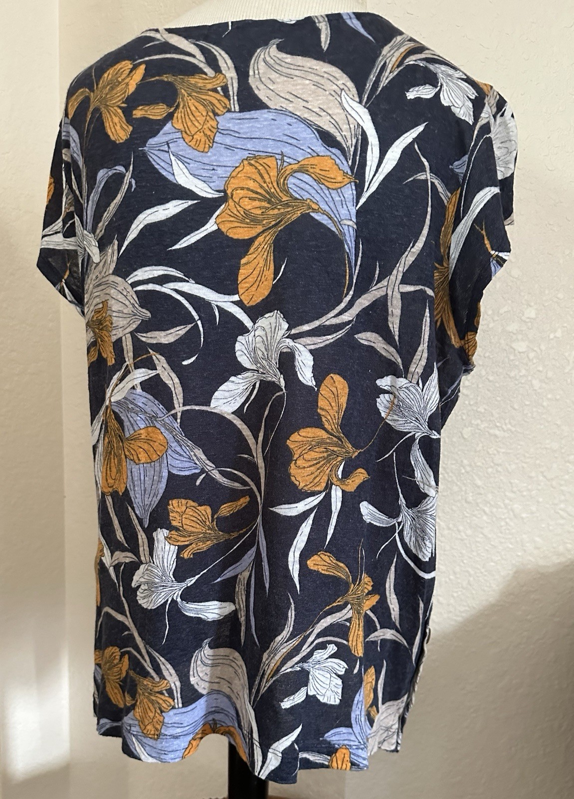 Cynthia Rowley Linen Blue Iris Pattern Loose Fit Top Size Lg