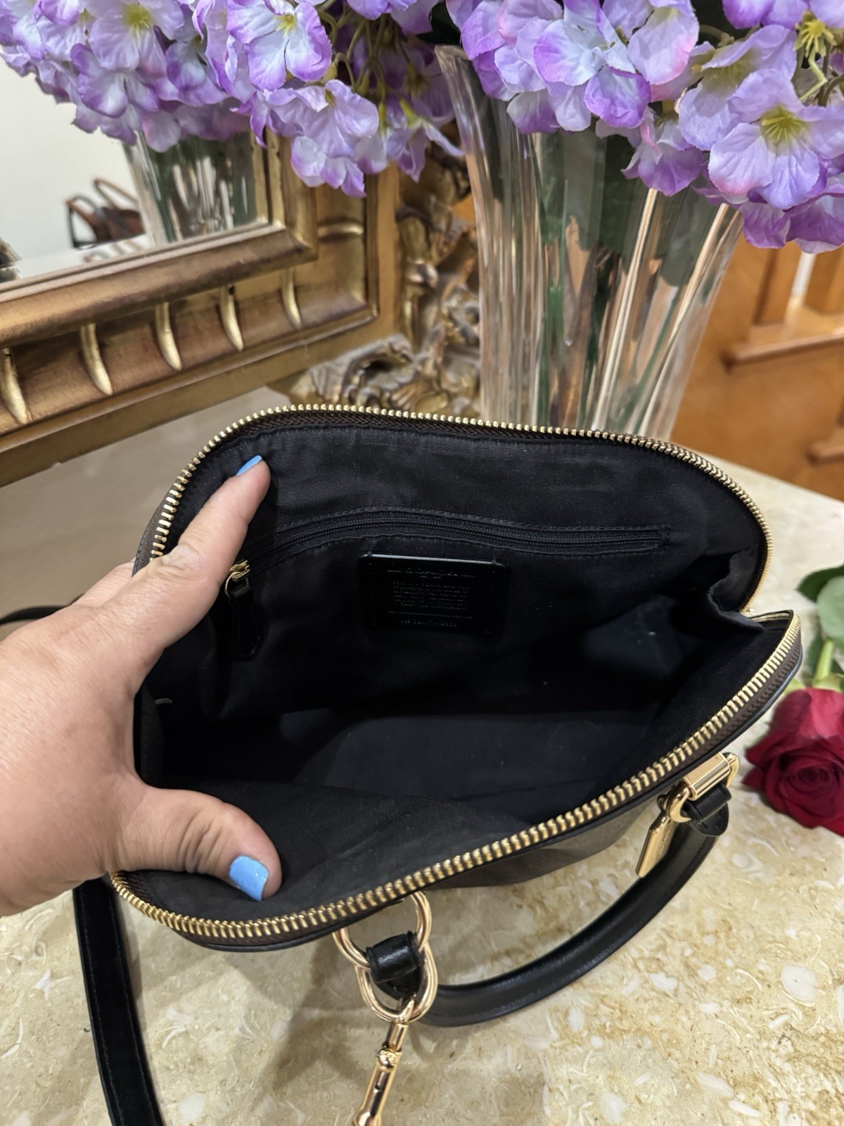 Coach Signature Dome Satchel Black/Gray Gold Hardware Zip w/ Detachable Strap