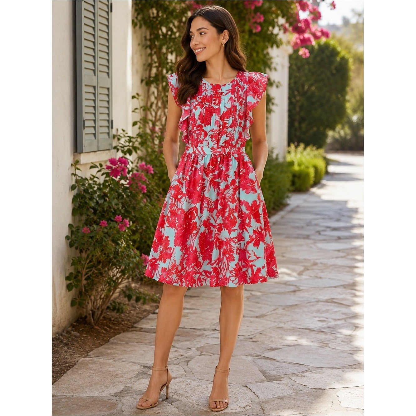 BR Sz 0 NWT Floral Ruffle Sleeve Dress Aqua Pink Fit & Flare Pockets Dressy Chic