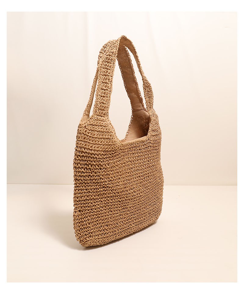 Women Simple Solid Color Large Capacity Straw Shoulder Tote Bag For Vacation