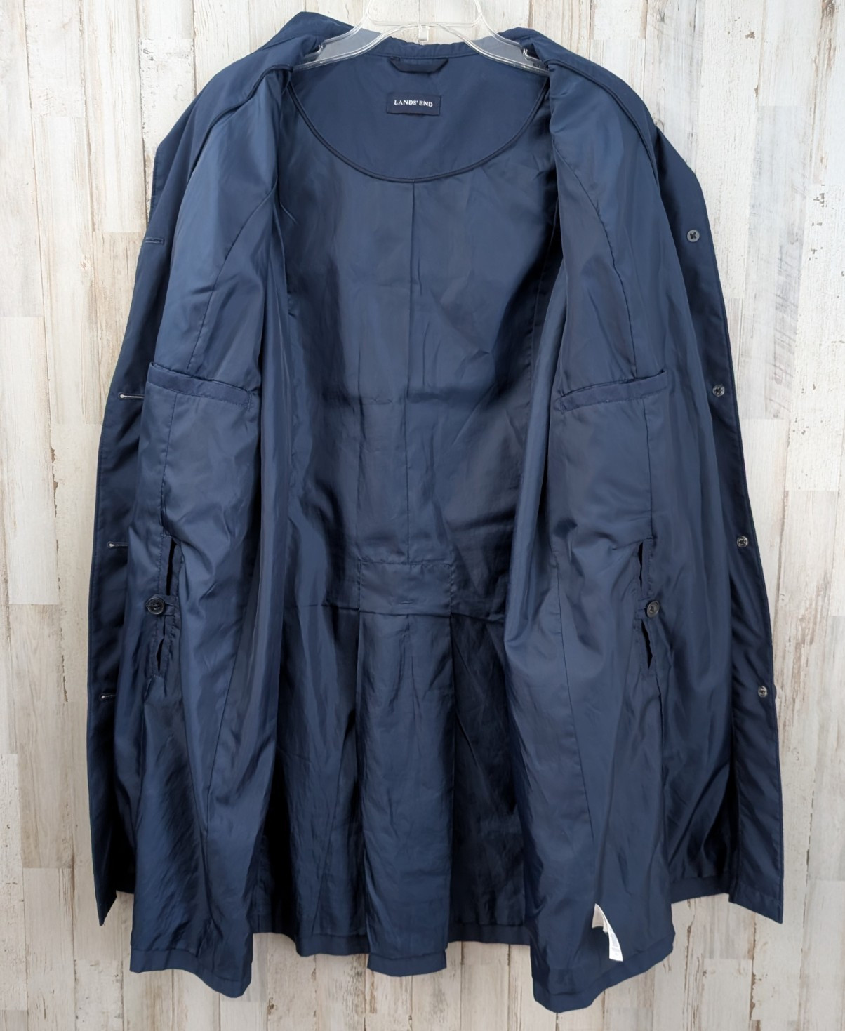 Lands End Long Rain Trench Overcoat Womans L Navy Blue Lined Pockets All Seasons