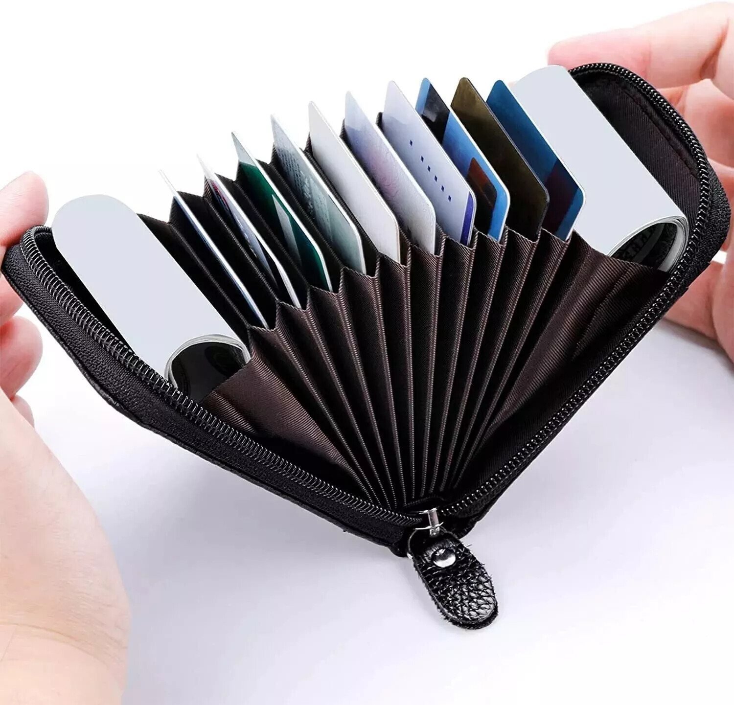 Leather Credit Card Holder RFID-Blocking Zipper Pocket Wallet with ID Window