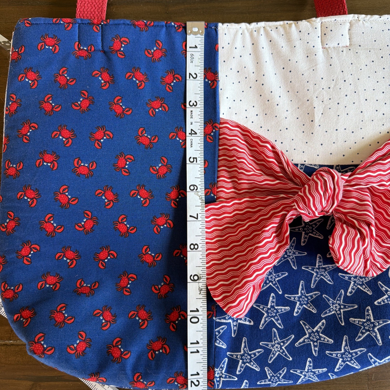 Handmade Patriotic Nautical Handbag Tote Red White Blue Starfish Crab Stripe Bow