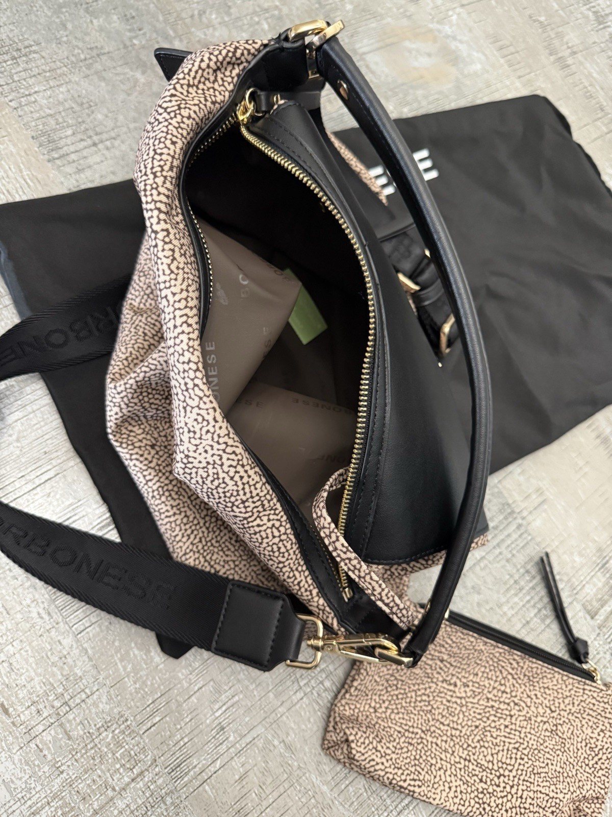 Borbonese Beige/Black Logo Shoulder Bag Zip Top Detachable Strap w/ Dust Bag