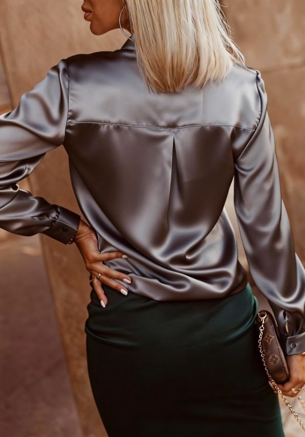 Women Satin Button Down Shirt Long Sleeve Collared Solid Casual Office Blouse