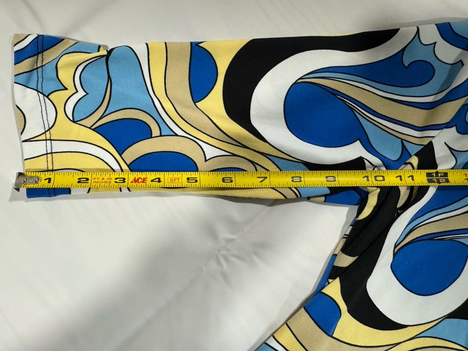 Women’s Abstract Swirl Print Stretch Top Blue Yellow Black 3/4 Sleeve Small