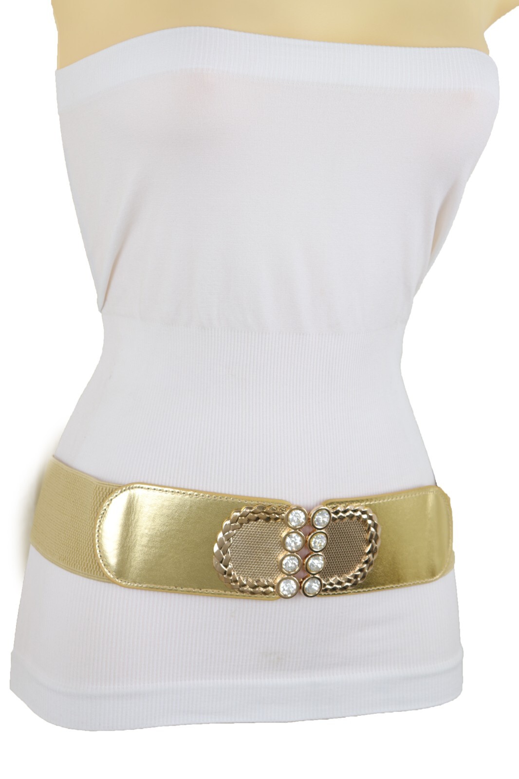 Women Gold Color Elastic Waistband Fabric Strap Fashion Belt Metal Buckle S M