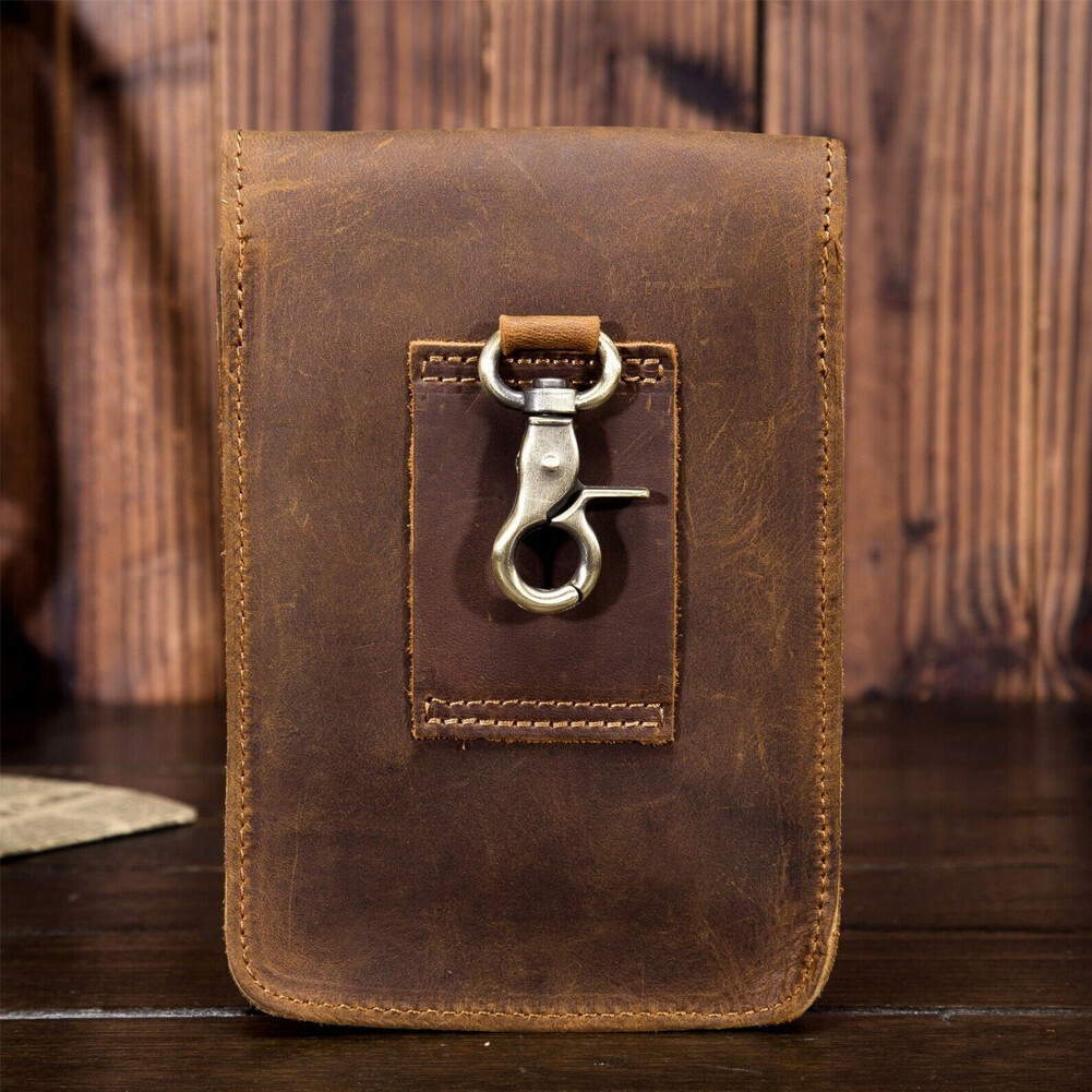 Crazy Horse Leather Men Small Waist Bag Pouch Hook Fanny Waist Belt Pack#