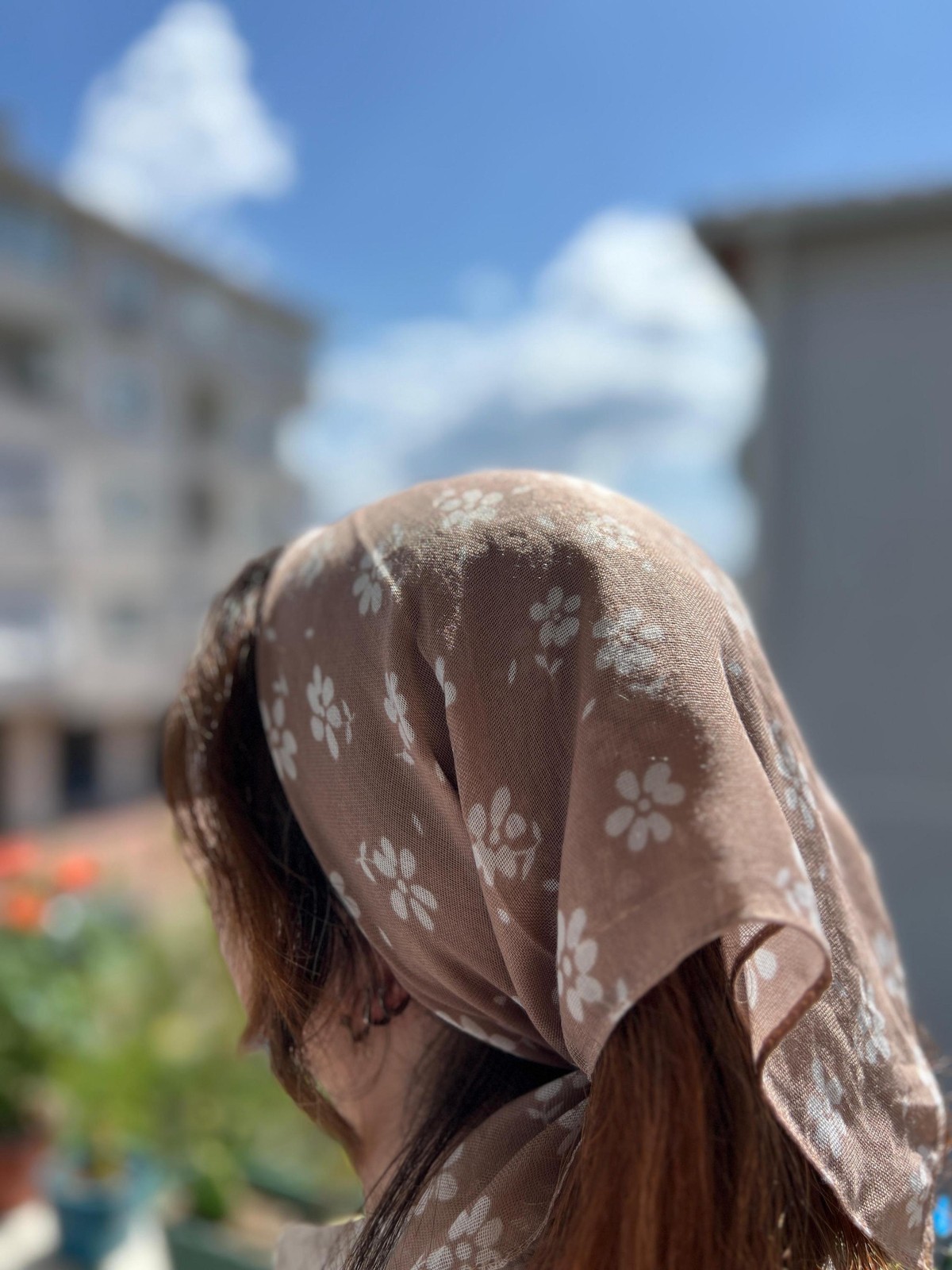 Taupe Floral Bandana Cream Flower Cotton Head Scarf Handmade Unique Boho