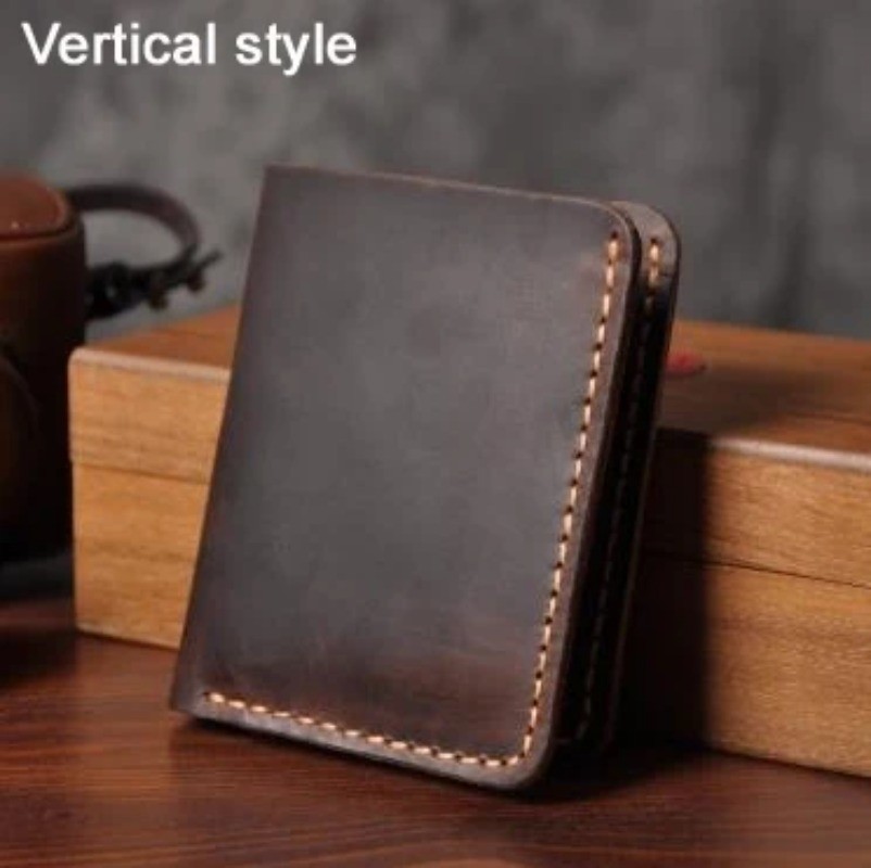 Handmade Vintage Crazy Horse Genuine Leather Men’s Short Wallet for Money Clip