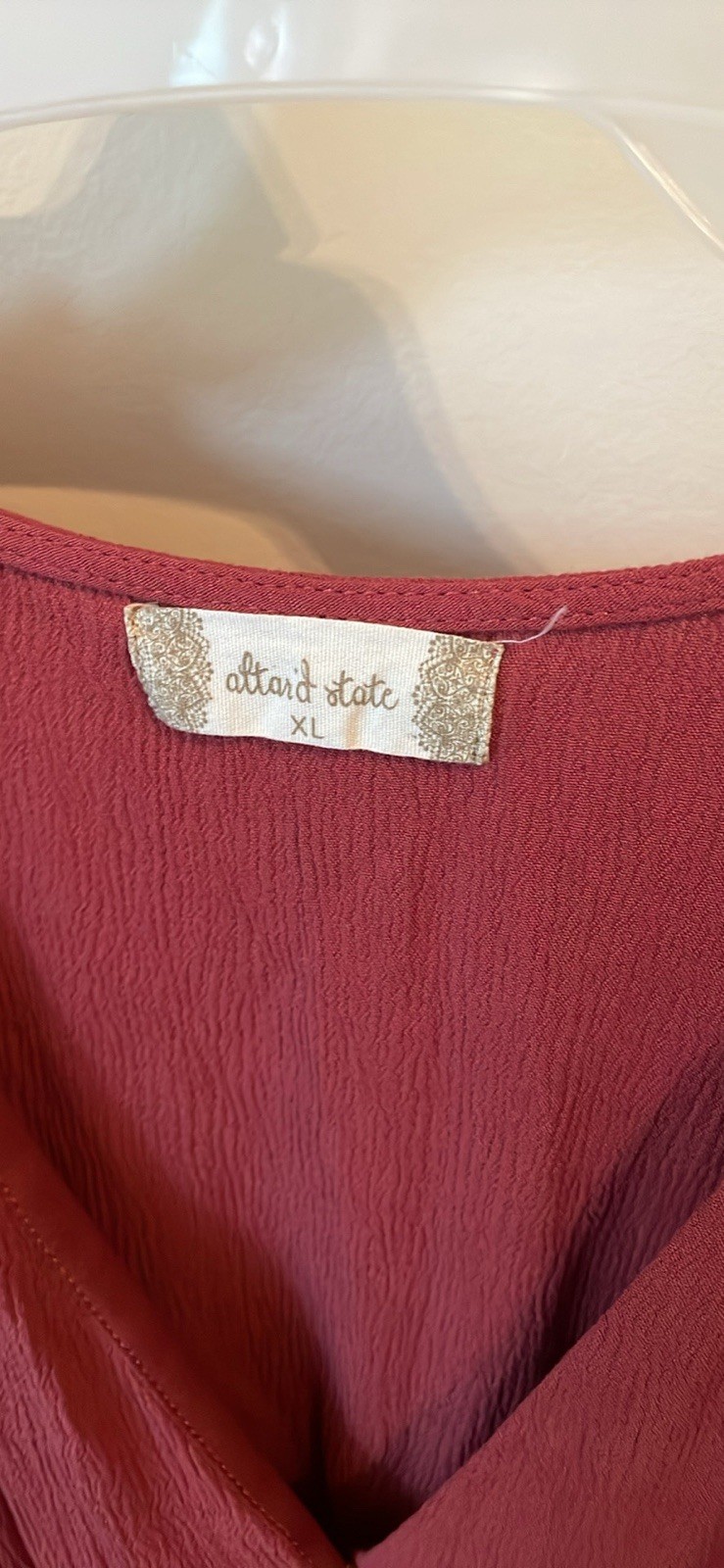 Altar’d State Women’s XL Burgundy Solid V-Neck Long Sleeve Ruffle Dress