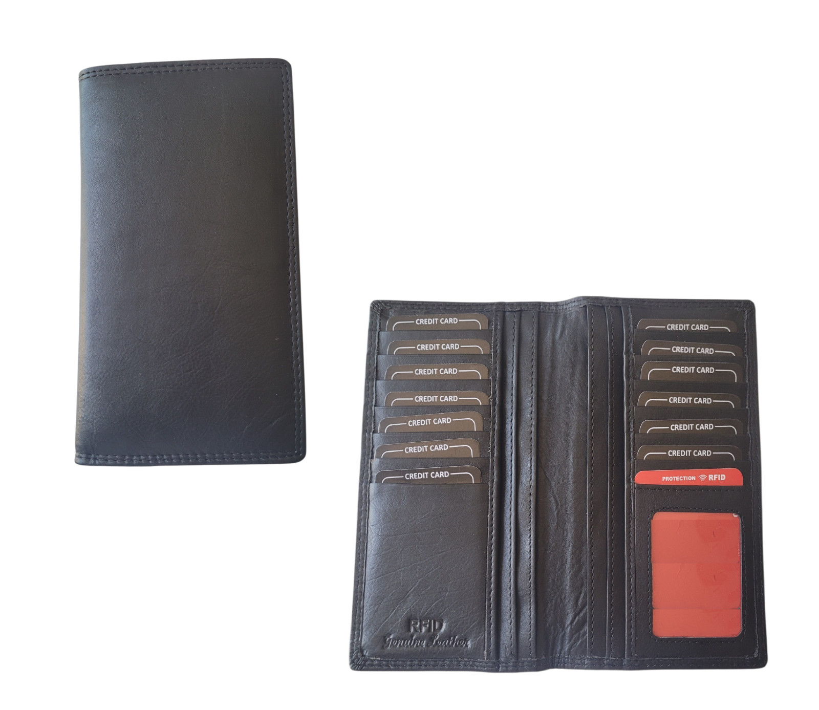 Genuine Soft Leather Long Bifold Wallet RFID Blocking Rodeo Wallet Black