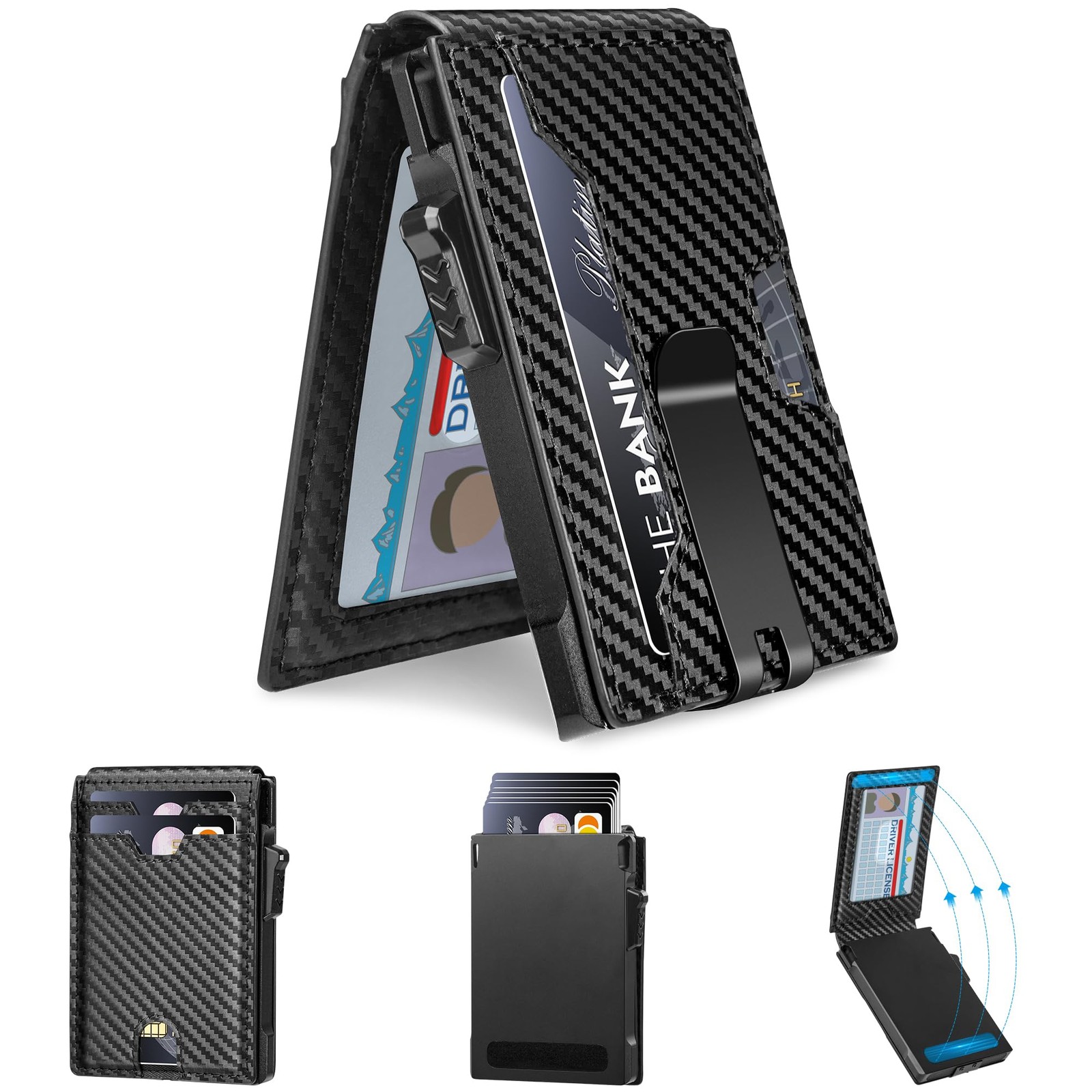 Men’s Slim Pop Up Carbon Fiber Wallet RFID Blocking Bifold Money Clip Gift