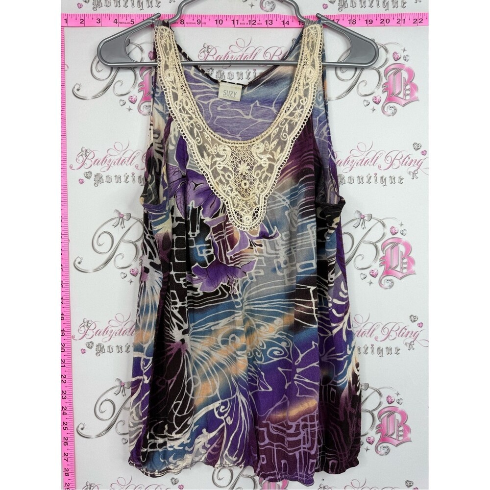 Suzy Shier tank top crochet swirl Purple Floral Lace-Trim Tank Top