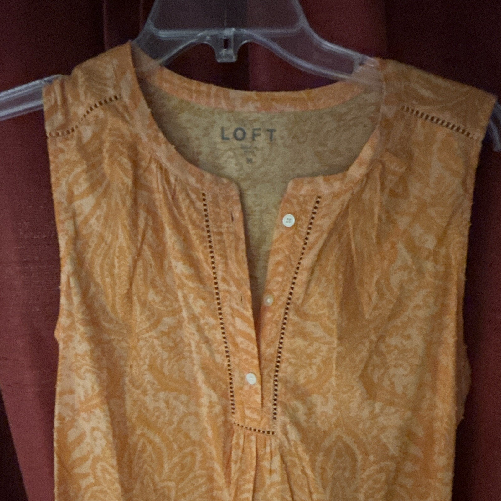 LOFT Women’s M Orange Paisley V-Neck Sleeveless Knit Cotton Button Tank Top
