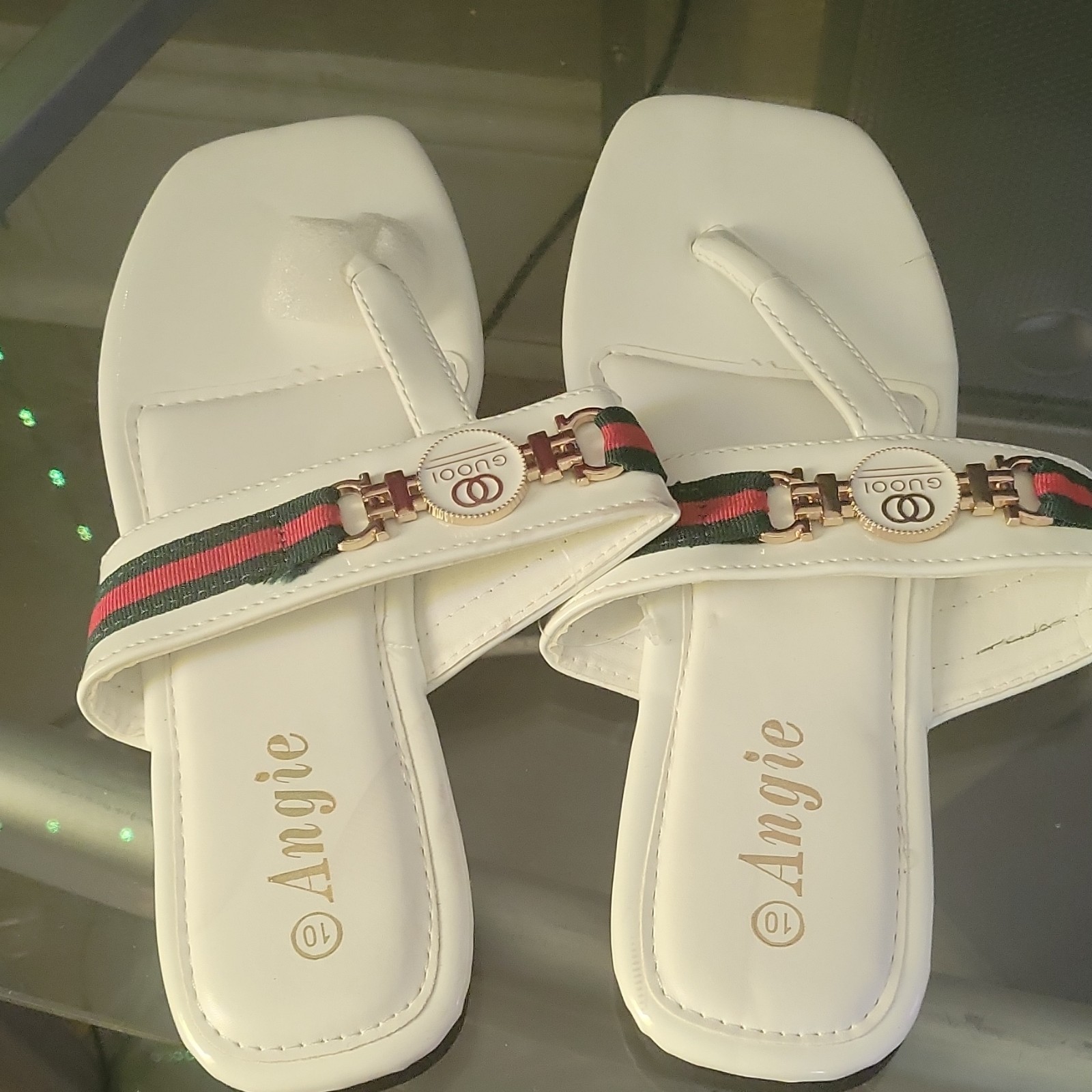 Angie Slip-On Slide Sandals Thong Strap Striped White Red Green Black